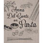 Hardcover copy of Anna Del Conte's "On Pasta" book by Pavilion Books featuring a close-up of the book cover with pasta illustrations.