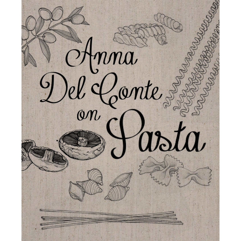 Hardcover copy of Anna Del Conte's "On Pasta" book by Pavilion Books featuring a close-up of the book cover with pasta illustrations.