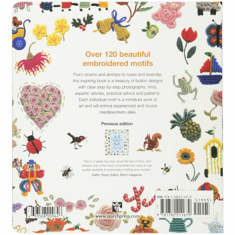 Paperback book titled "A-Z of Embroidered Motifs" by Country Bumpkin Publications, featuring over 120 bullion embroidery designs.