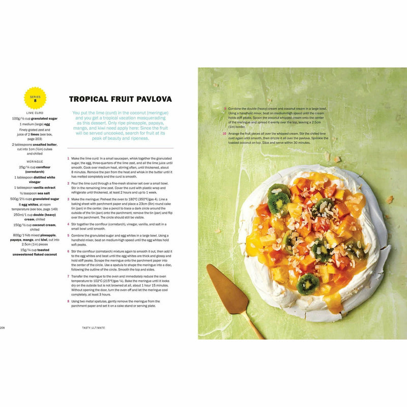 Tasty Ultimate Cookbook hardcover by Ebury Press featuring colorful pages with various delicious recipes and cooking tips.