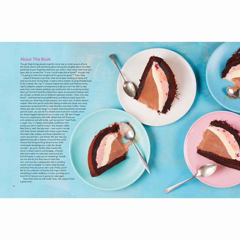 Cover image of Tasty's hardcover cookbook "Latest and Greatest," featuring colorful food photos and the Tasty brand logo.