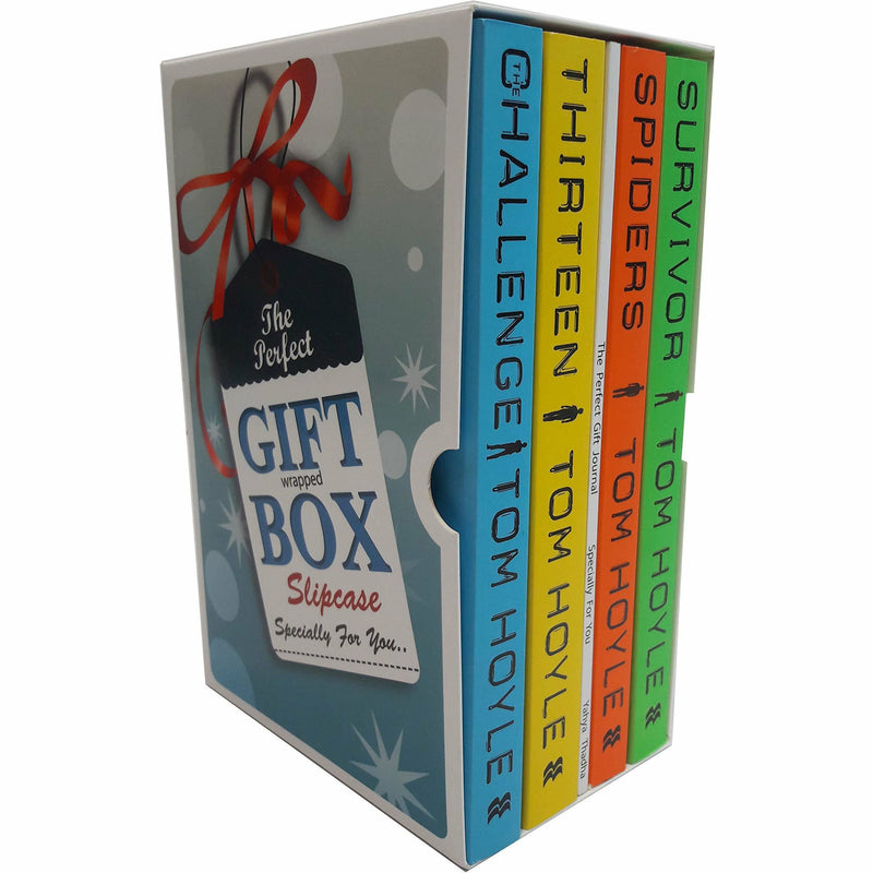 Collection of four paperback fiction books by Tom Hoyle, including The Challenge, Thirteen, Spiders, and Survivor, with colorful covers.