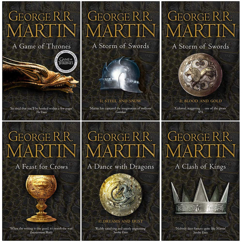 Six paperback books from the A Song of Ice and Fire series by George R.R. Martin, featuring colorful cover art and spines.