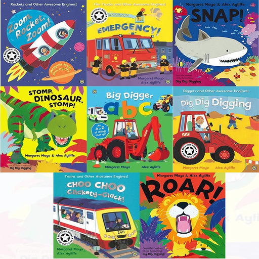emergency, big digger abc, choo choo clickety-clack!, dig dig digging, roar!, snap!8 books collection set by margaret mayo - The Book Bundle