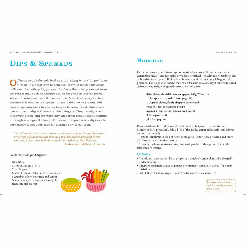 Hardcover copy of The Baby-led Weaning Cookbook by Gill Rapley and Tracey Murkett, featuring colorful food images on the cover.