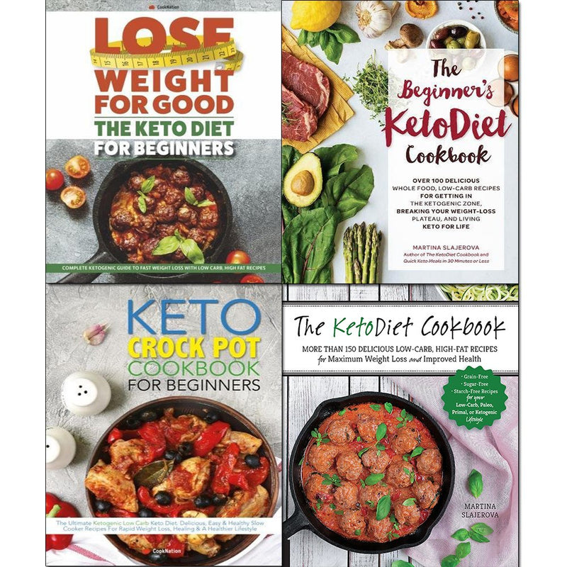 Set of four paperback keto diet cookbooks including beginner's recipes, crock pot meals, by Martina Slajerova and Iota.
