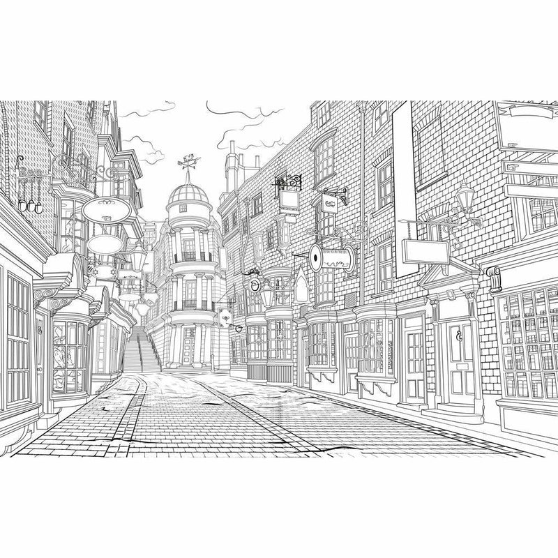 Harry Potter Magical Places and Characters colouring book by Warner Brothers, featuring scenes and characters from the wizarding world.