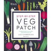 Open book showing step-by-step guide to growing fruits and vegetables, titled "RHS Step-by-Step Veg Patch" by Lucy Chamberlain.