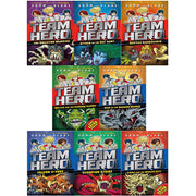 Set of eight Adam Blade Team Hero Series paperback books for ages 9–12, featuring colorful covers and adventurous themes.