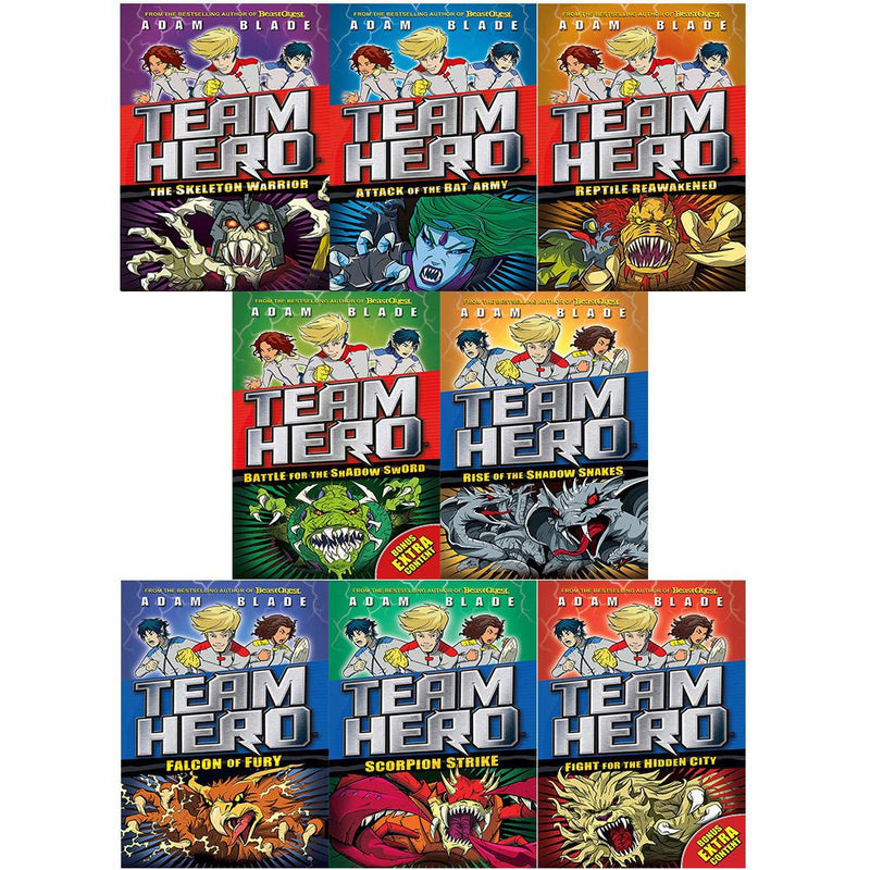 Set of eight Adam Blade Team Hero Series paperback books for ages 9–12, featuring colorful covers and adventurous themes.