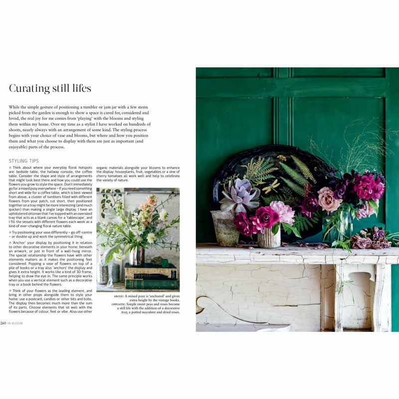 Hardcover book titled "In Bloom" by Clare Nolan, featuring colorful flower arrangements on the cover.