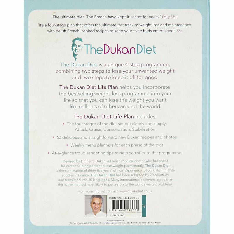 Hardcover book titled "The Dukan Diet Life Plan" by Dr. Pierre Dukan, depicting the book cover with text and design elements.