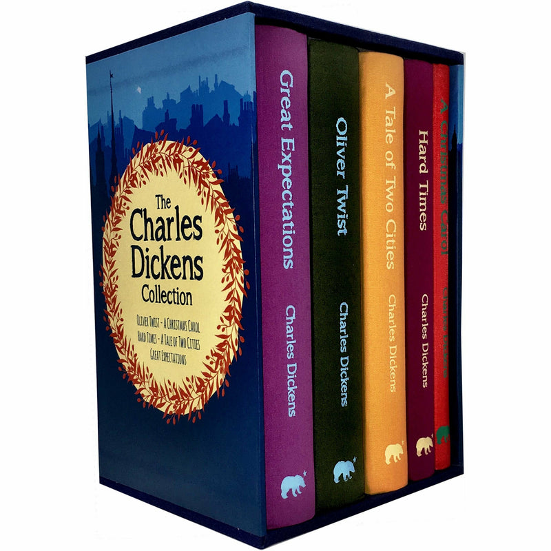Hardcover 5-book box set of Charles Dickens classics including Great Expectations, A Tale of Two Cities, and Oliver Twist by Arcturus Publishing