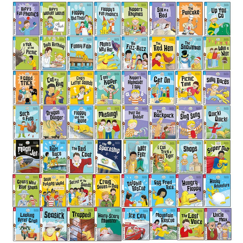 Collection of Oxford Reading Tree Biff, Chip, and Kipper Stage 1-3 paperback books by OUP Oxford for ages 3-5, featuring colorful covers.