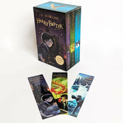 Harry Potter 3-book collection box set by J.K. Rowling in paperback, featuring colorful covers from Bloomsbury Children's Books.