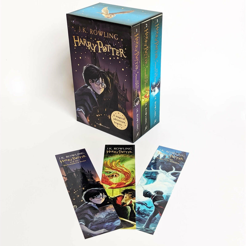 Harry Potter 3-book collection box set by J.K. Rowling in paperback, featuring colorful covers from Bloomsbury Children's Books.