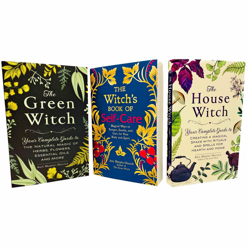 Collection of three Arin Murphy-Hiscock books including The Green Witch, The Witch's Book of Self-Care, and The House Witch by Adams Media.