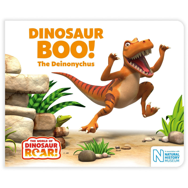 Set of four Dinosaur Roar board books by Jeanne Willis and Peter Curtis from Macmillan, featuring colorful dinosaur illustrations.