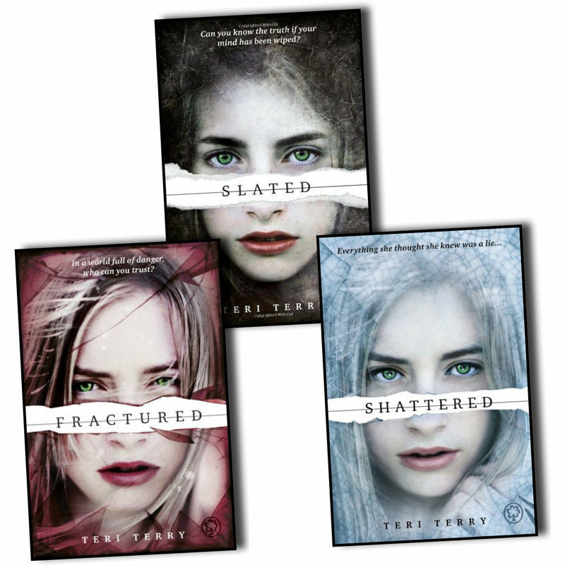 Three paperback books from the Slated Trilogy collection by Teri Terry, featuring colorful covers and young adult fiction design.