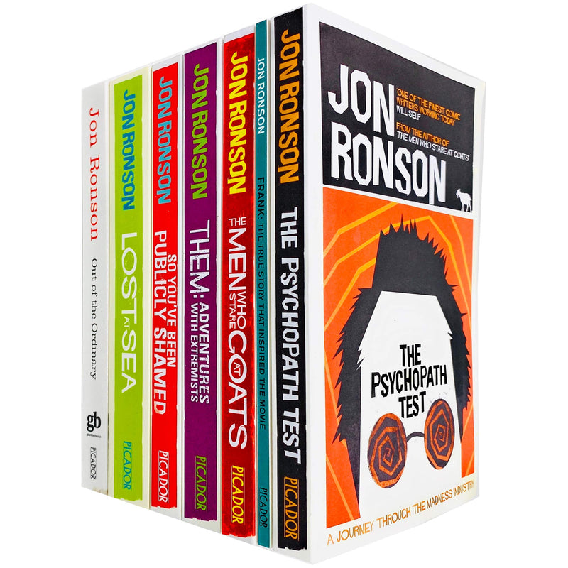 Set of six brand new Jon Ronson non-fiction paperback books, showcasing diverse titles in the collection.