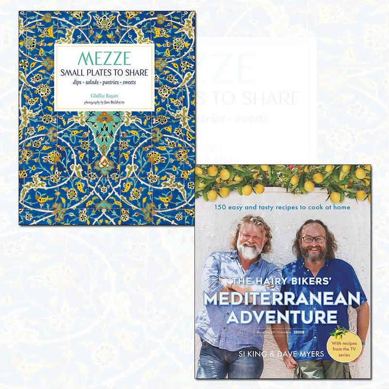 Hairy Bikers' Mediterranean Adventure and Mezze cookbook set, hardcover non-fiction books featuring Mediterranean recipes and culinary tips.
