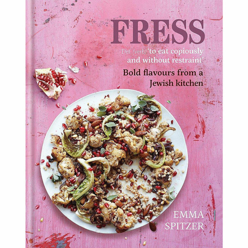 Hardcover book cover of "Fress" by Emma Spitzer, featuring bold flavors from a Jewish kitchen with vibrant, colorful culinary images.