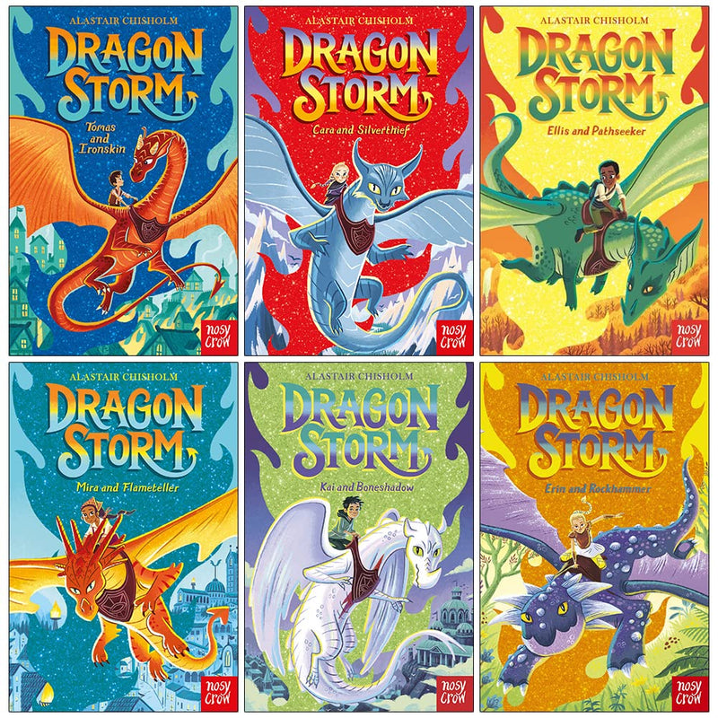 Dragon Storm Series Collection of 6 books by Alastair Chisholm, featuring colorful covers and fantasy-themed artwork.