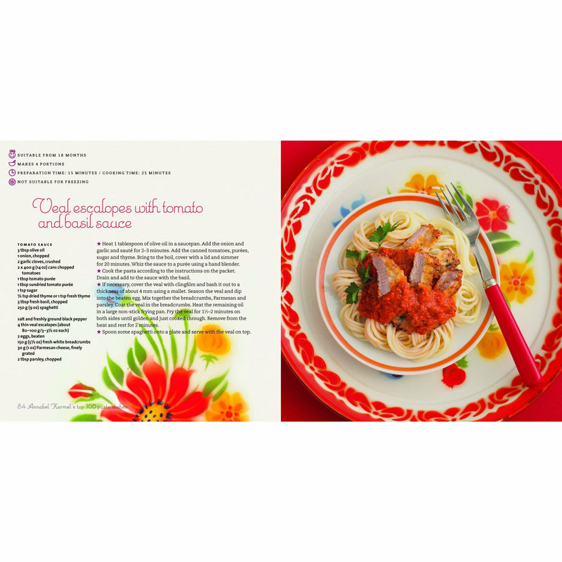 Hardcover book titled "Top 100 Pasta Dishes" by Annabel Karmel, featuring pasta recipes and culinary tips.