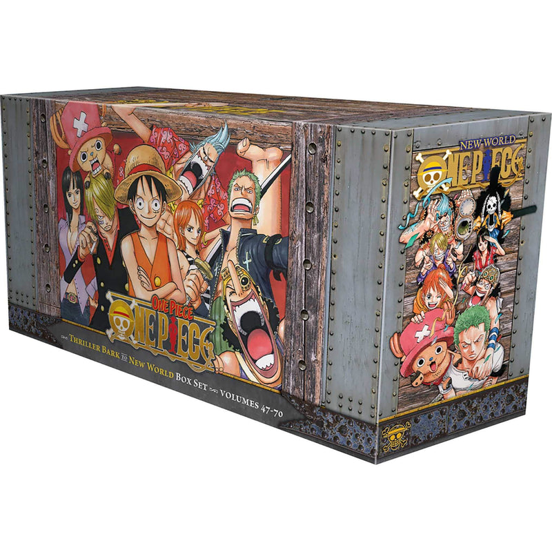 VIZ Media One Piece Box Set 3: Thriller Bark to New World, Volumes 47-70 with Agatha Christie premium edition, featuring manga volumes and cover art.