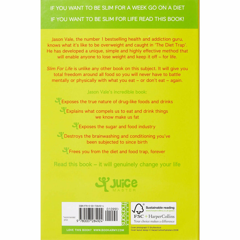 Paperback book titled "The Juice Master Slim For Life" by Jason Vale, featuring a colorful cover with healthy lifestyle imagery.