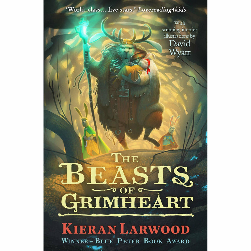 Three paperback books from the Five Realms collection by Kieran Larwood, featuring colorful fantasy cover art.