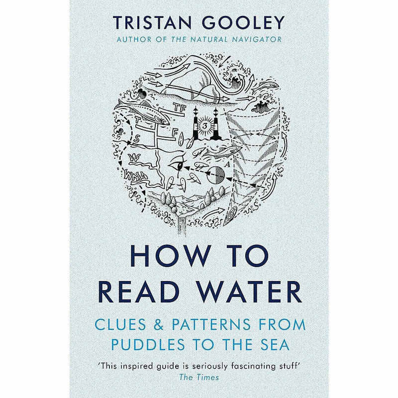 Paperback of "How To Read Water" by Tristan Gooley, showing the book cover with water-themed illustrations and title text.