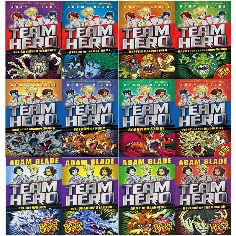 Set of 12 paperback fantasy books from Adam Blade's Team Hero Series (1-3) collection by Orchard Books, featuring colorful covers.