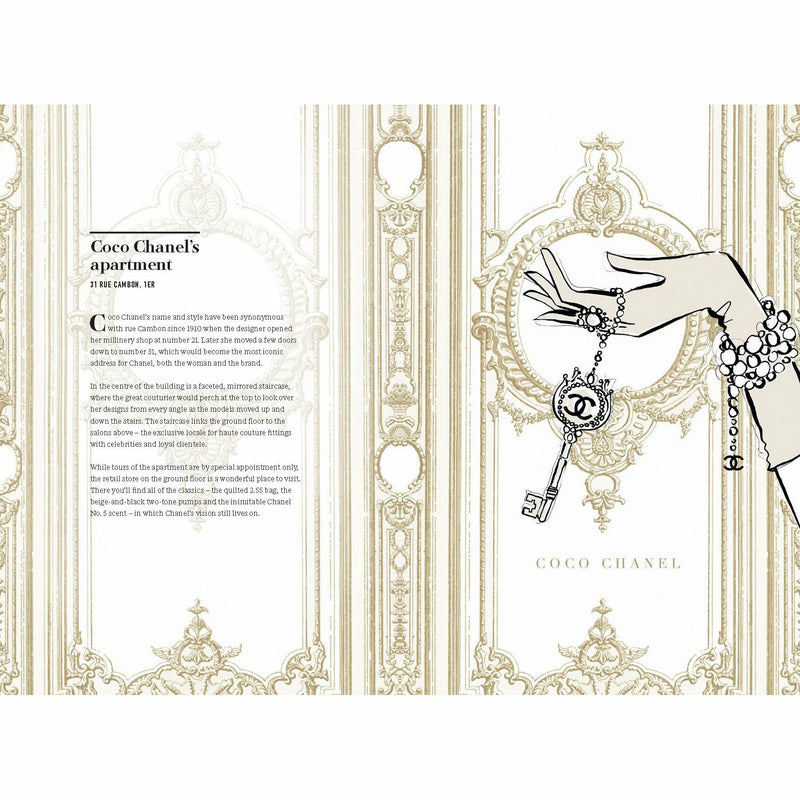 Illustrated hardcover travel guide "Paris: Through a Fashion Eye" by Megan Hess, featuring stylish Parisian fashion scenes.