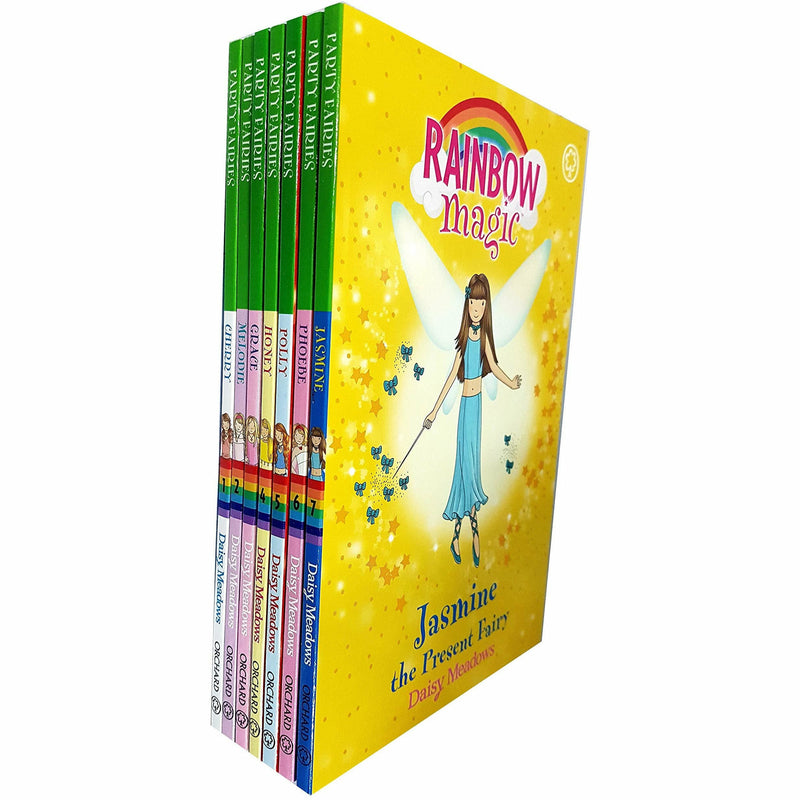 Set of Rainbow Magic Party Fairies 7 paperback books by Daisy Meadows, featuring colorful fairy illustrations.
