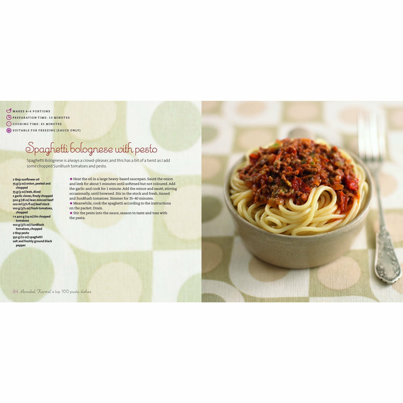 Hardcover copy of Top 100 Pasta Dishes by Annabel Karmel, featuring a colorful cover with pasta illustrations.
