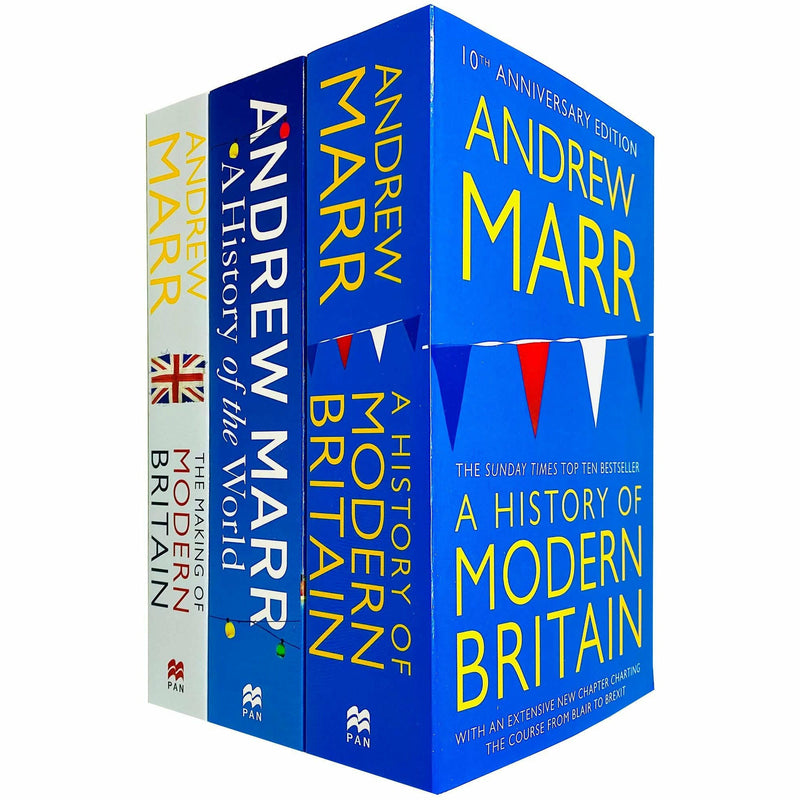 Three paperback books from the Andrew Marr collection, including A History of Modern Britain and A History of the World, displayed together