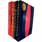 Set of four paperback books by Robert Greene including The Art of Seduction, Mastery, and The Laws of Human Nature, with book covers visible.