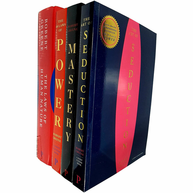 Set of four paperback books by Robert Greene including The Art of Seduction, Mastery, and The Laws of Human Nature, with book covers visible.