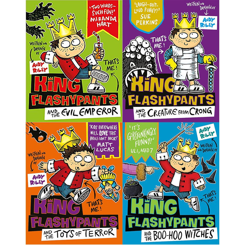 Set of four King Flashypants children's books by Andy Riley, featuring colorful covers from the Hodder Children's Books collection.