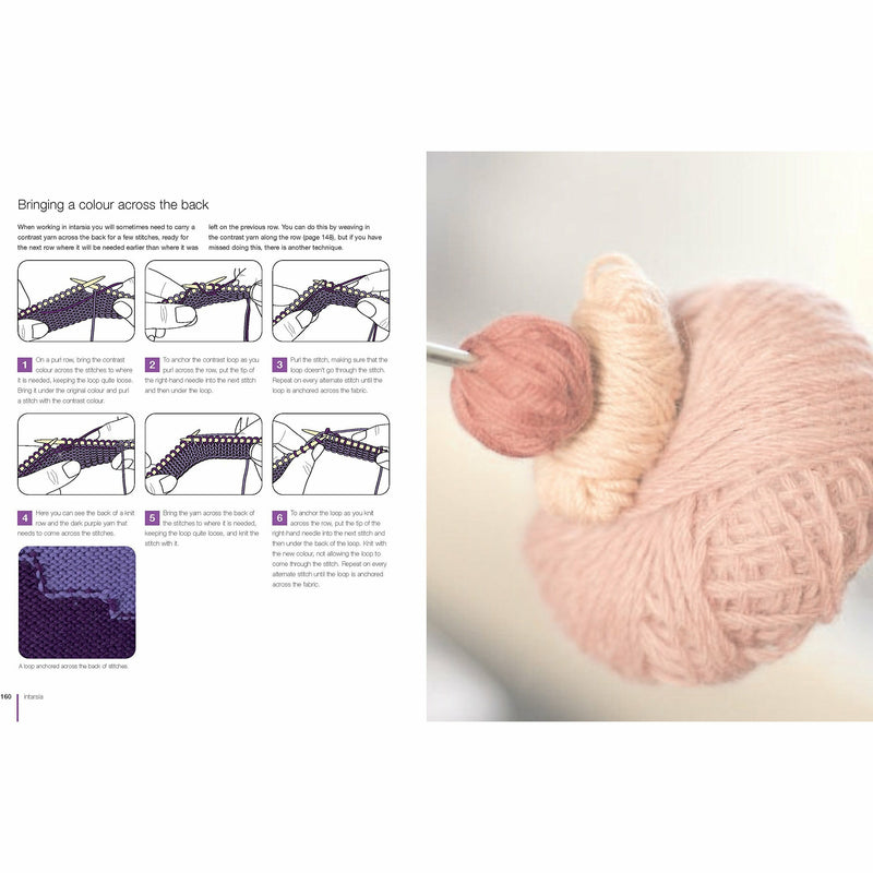 Open paperback of The Ultimate Knitting Bible by Sharron Bhatt, featuring detailed knitting patterns and instructional illustrations.