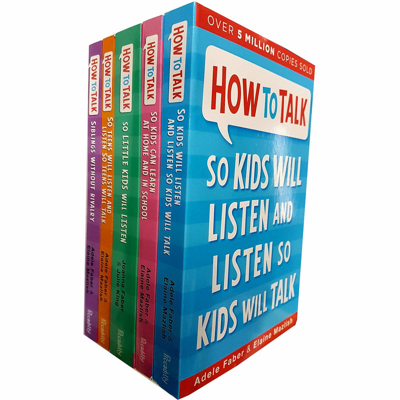 Five-book collection of "How To Talk So Kids Will Listen" by Adele Faber and Elaine Mazlish, featuring paperback editions with colorful covers.
