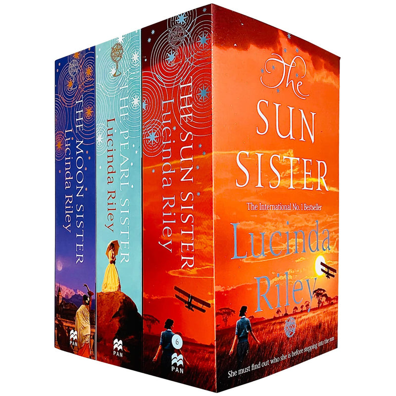 Pan collection of three books from Lucinda Riley's Seven-Sisters Series, including The Pearl Sister, The Moon Sister, and The Sun Sister.