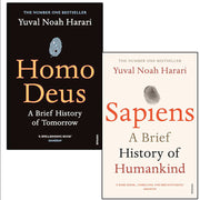 Vintage set of Yuval Noah Harari's Homo Deus and Sapiens books, non-fiction paperbacks with distinctive cover art.