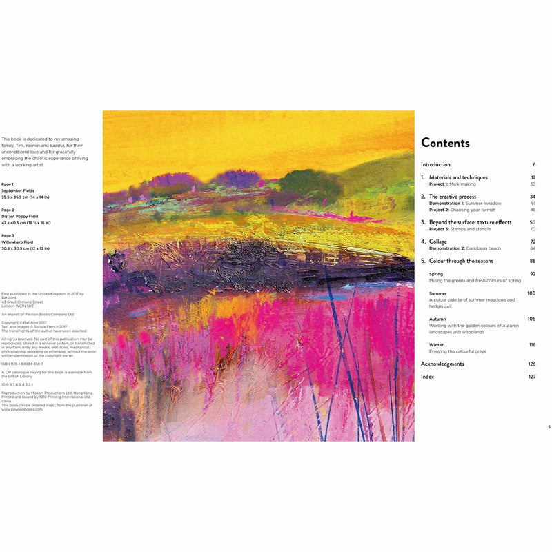 Hardcover book titled Contemporary Landscapes in Mixed Media by Soraya French, featuring colorful landscape artwork on the cover.