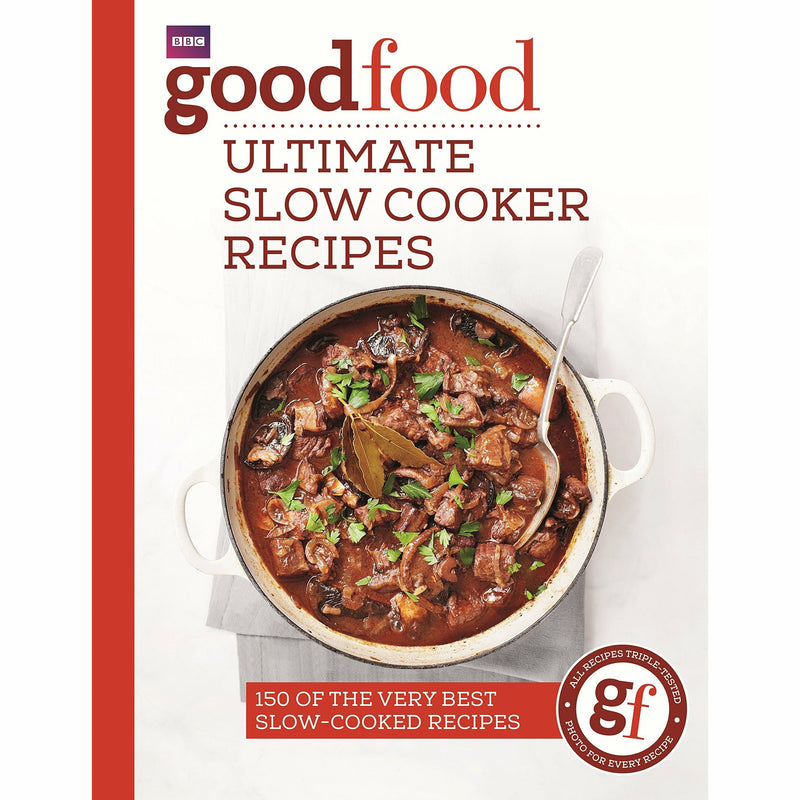 Good Food: Ultimate Slow Cooker Recipes Collection by Good Food Guides, BBC Books paperback with various slow cooker dishes.