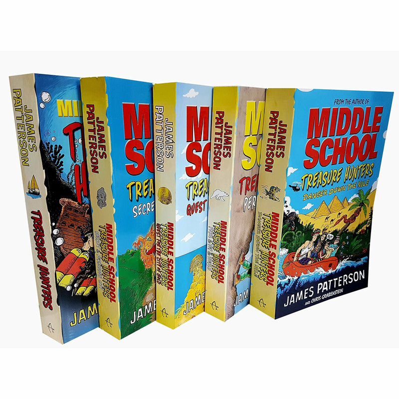 Collection of five Middle School Treasure Hunters series books by James Patterson, paperback fiction set with colorful covers.