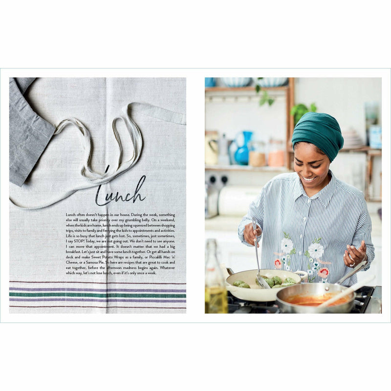 Hardcover of Nadiya Hussain's "Family Favourites" cookbook with colorful recipe pages and a stylish cover design.
