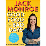 Set of two paperback cookbooks by Jack Monroe, "Good Food for Bad Days" and "Tin Can Cook," featuring blue covers and practical recipes.