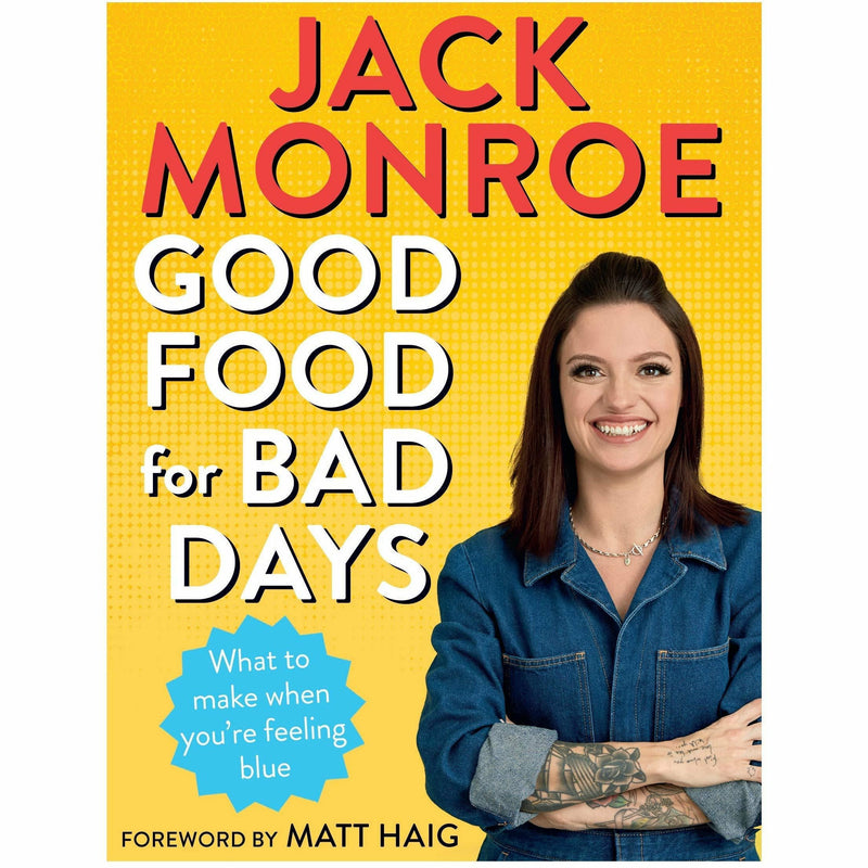 Set of two paperback cookbooks by Jack Monroe, "Good Food for Bad Days" and "Tin Can Cook," featuring blue covers and practical recipes.